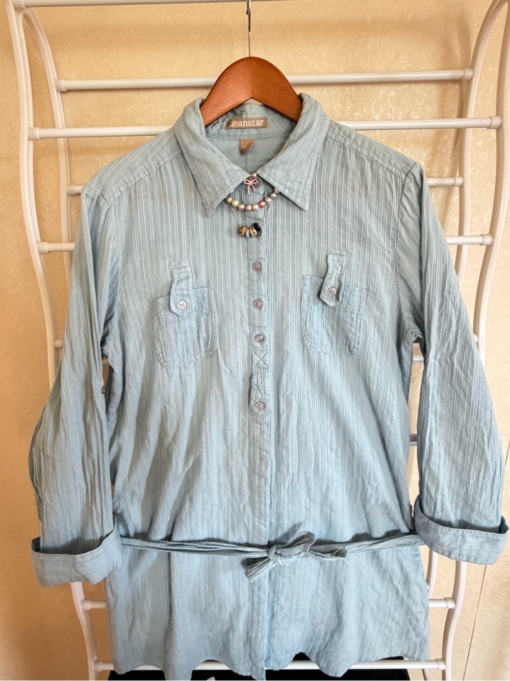 100%Cotton jeans tar Light Blue Tie-Waist Tunic Shirt